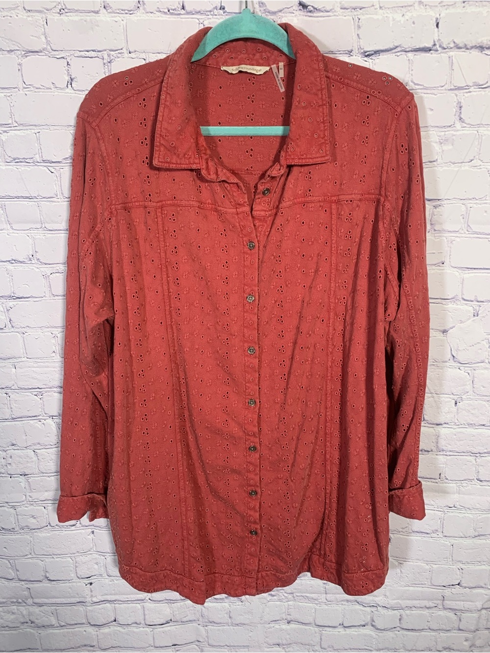 Soft Surroundings Womens Button Down Eyelet Long Sleeve Top Red Orange Size 3X